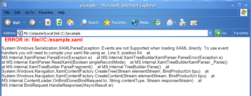 Error attempting to include events within XAML