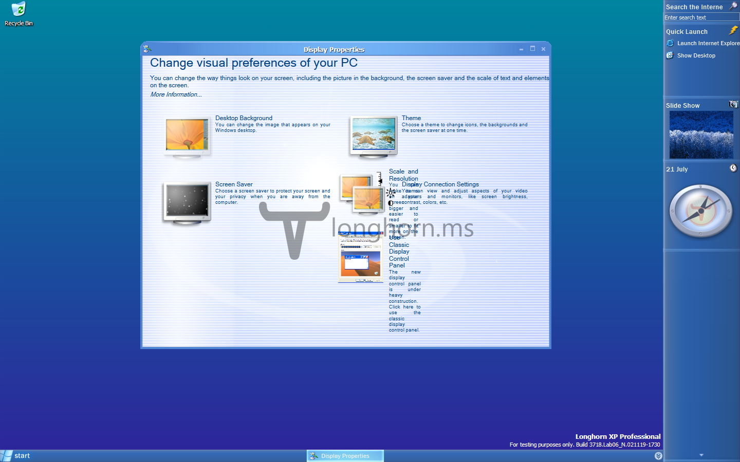 The Avalon display panel in Longhorn Build 3718, with rendering errors