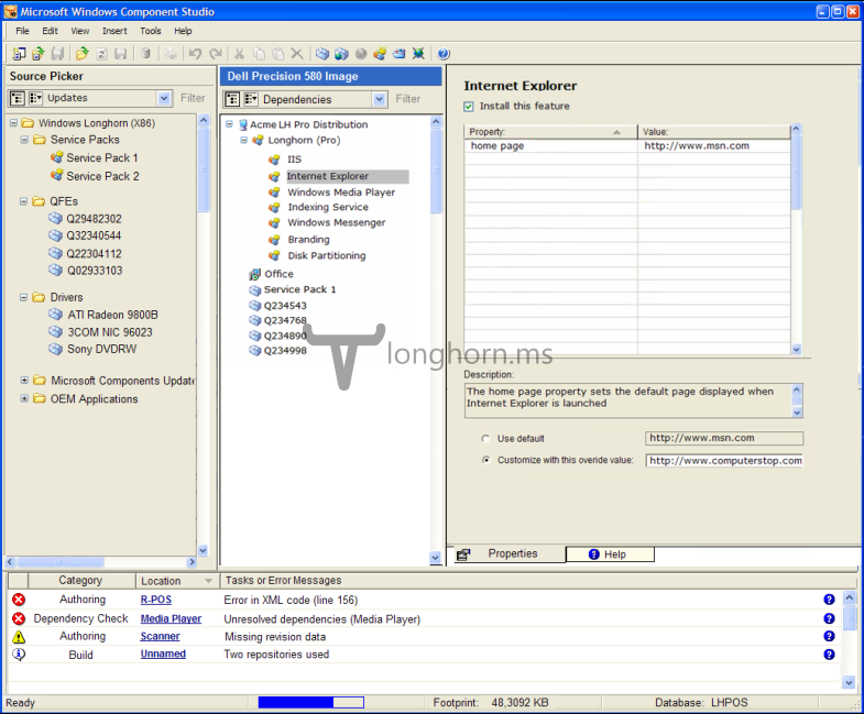 The Longhorn Windows Component Studio with some demo data